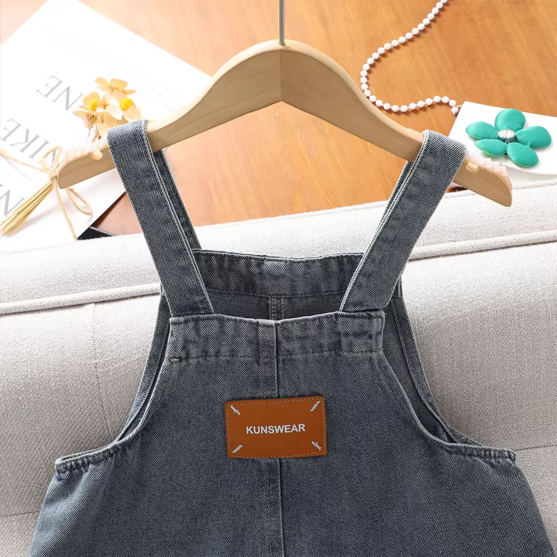 Bộ quần yếm denim nữ 2025 kiểu mới, quần áo trẻ em cho bé gái lớn, thời trang mùa xuân hè