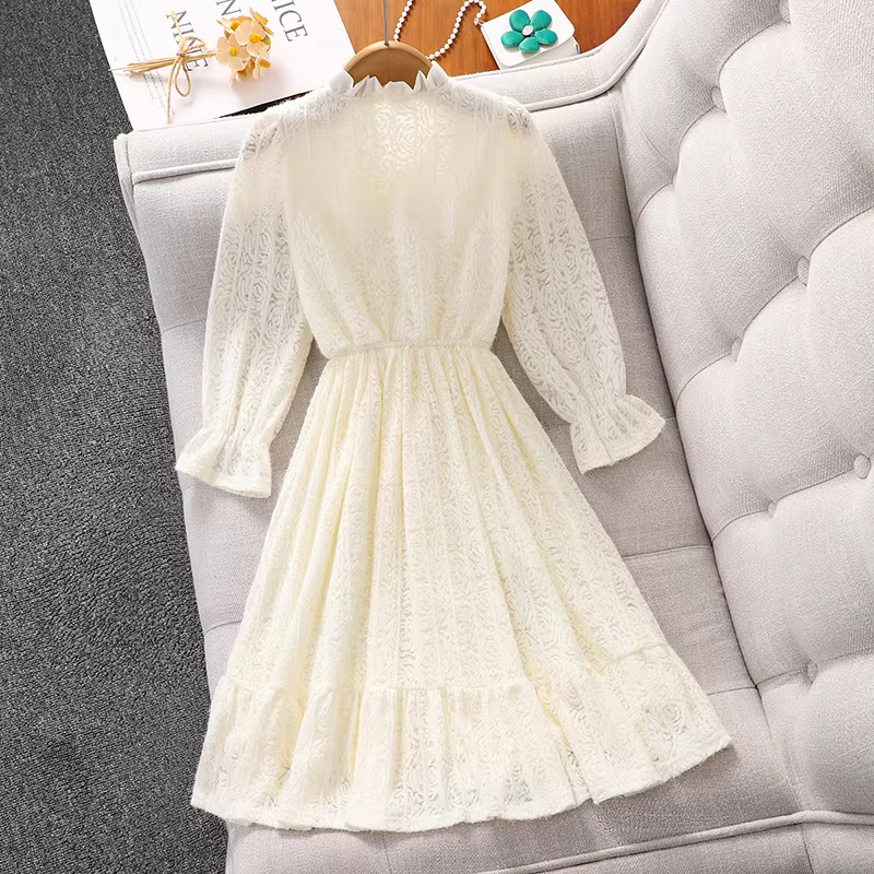 Váy công chúa ren dài tay cho bé gái, phong cách mùa xuân, váy cao cấp cho bé gái lớn, váy cơ bản thời trang xuân thu cho bé gái