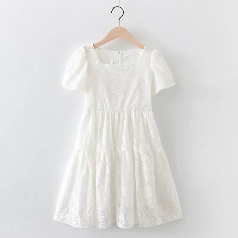 Váy mới mùa hè dành cho bé gái, váy ren trắng cỡ vừa và lớn dành cho trẻ em, váy công chúa thời trang cotton nguyên chất mùa hè dành cho bé gái