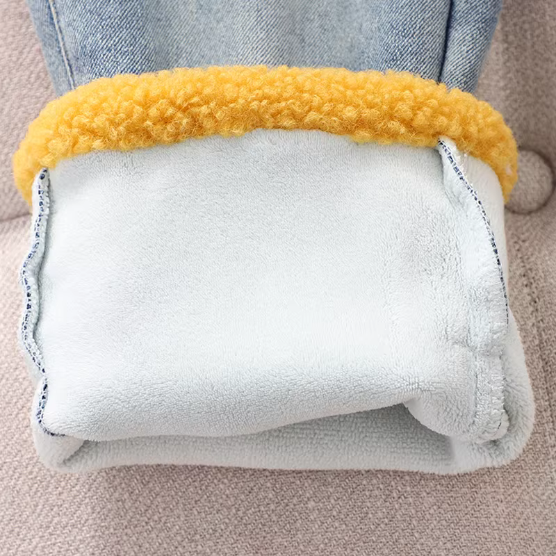 Quần jean nữ, quần dài ống đứng dày lót lông cừu cho bé gái lớn, kiểu mới thu đông 2025, quần dài ôm dáng trẻ em mặc mùa đông