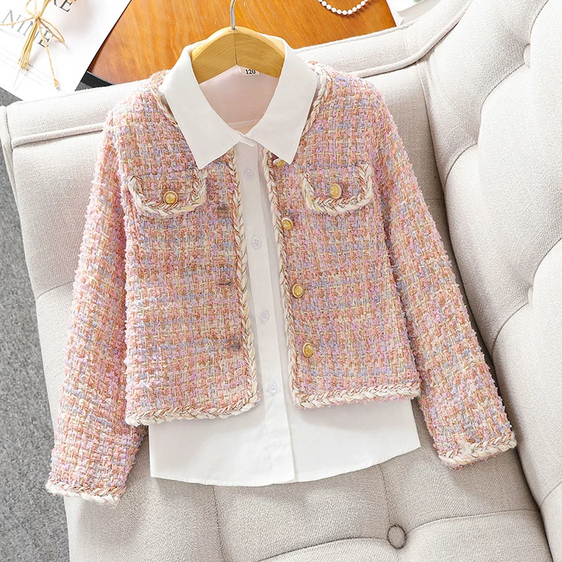 Áo khoác kiểu Chanel cho bé gái mùa thu 2025, quần áo trẻ em mới, áo ngắn thời trang cho bé lớn, quần áo xuân thu