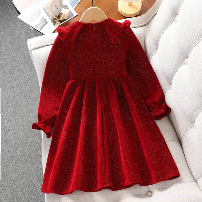 Váy nhung bé gái, quần áo thu đông, váy công chúa bé gái, quần áo Tết đỏ, váy Tết trẻ em, váy chúc mừng năm mới
