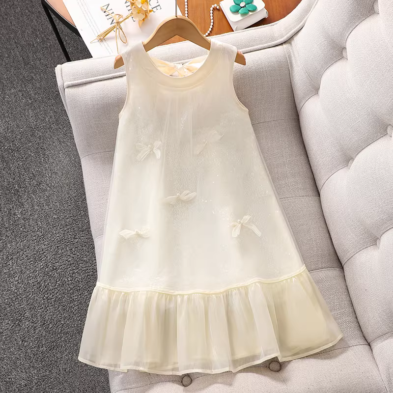 Váy hè kiểu mới 2025 cho bé gái, váy yếm không tay nơ, váy công chúa hè cho trẻ em