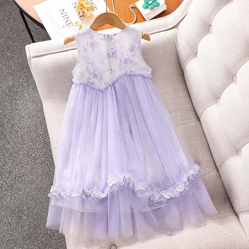 Váy bé gái 2025, quần áo mùa hè mới, váy lưới không tay cho trẻ em, váy công chúa mỏng cho bé gái lớn