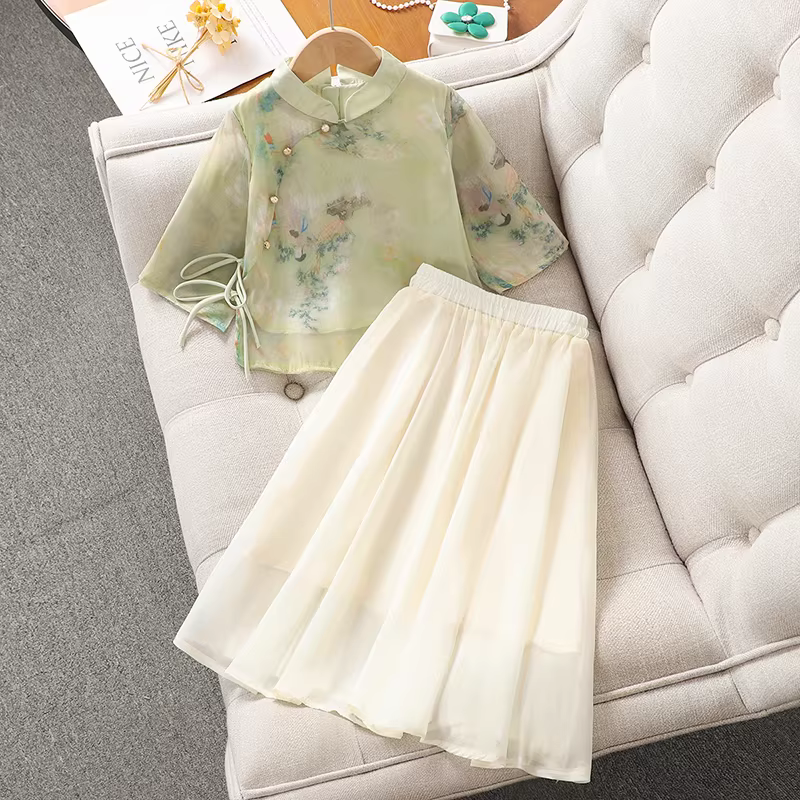 Bộ trang phục mùa hè kiểu Trung Hoa cho bé gái 2025 kiểu mới, váy ngắn tay mỏng kiểu Trung Hoa mới, bộ hai mảnh Hanfu