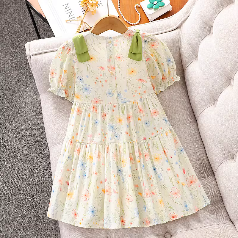 Váy hoa bé gái hè 2025 kiểu mới, váy bồng tay bồng nơ, váy hè công chúa cho bé