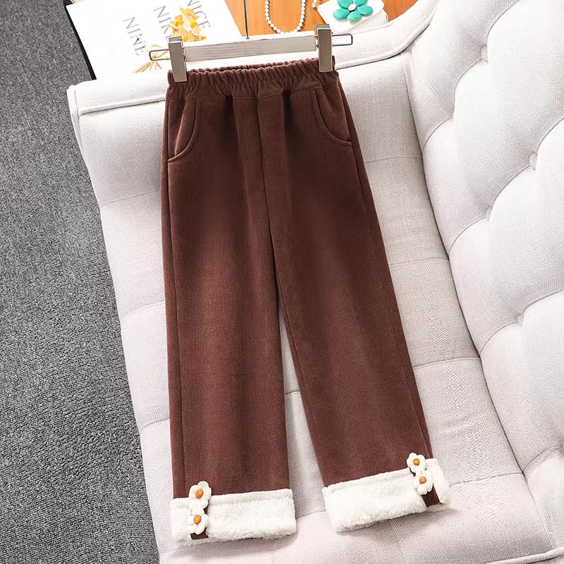 Quần ống đứng lót lông cừu cho bé gái Quần áo mùa đông Quần ống rộng dáng rộng cho trẻ em mùa thu đông 2025 Quần thường ngày cho bé gái kiểu mới