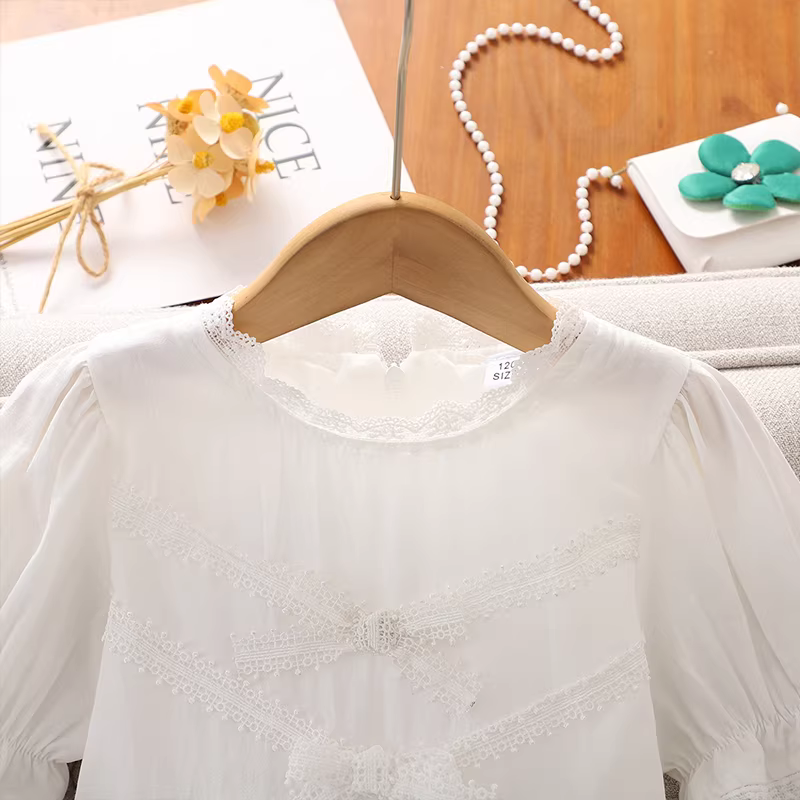Váy bé gái 2025, quần áo mùa hè mới, váy công chúa trắng trẻ em, kiểu dáng mỏng mùa hè, váy nơ cho bé gái lớn