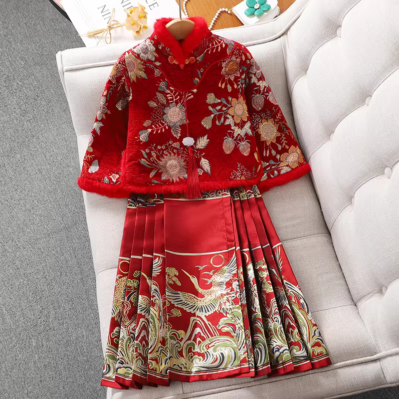 Áo khoác ngoài cho bé gái mùa thu đông 2025, quần áo cho bé gái lớn, áo Hanfu lót lông cừu, trang phục Tết, quần áo mùa đông, trang phục chào mừng năm mới cho trẻ em