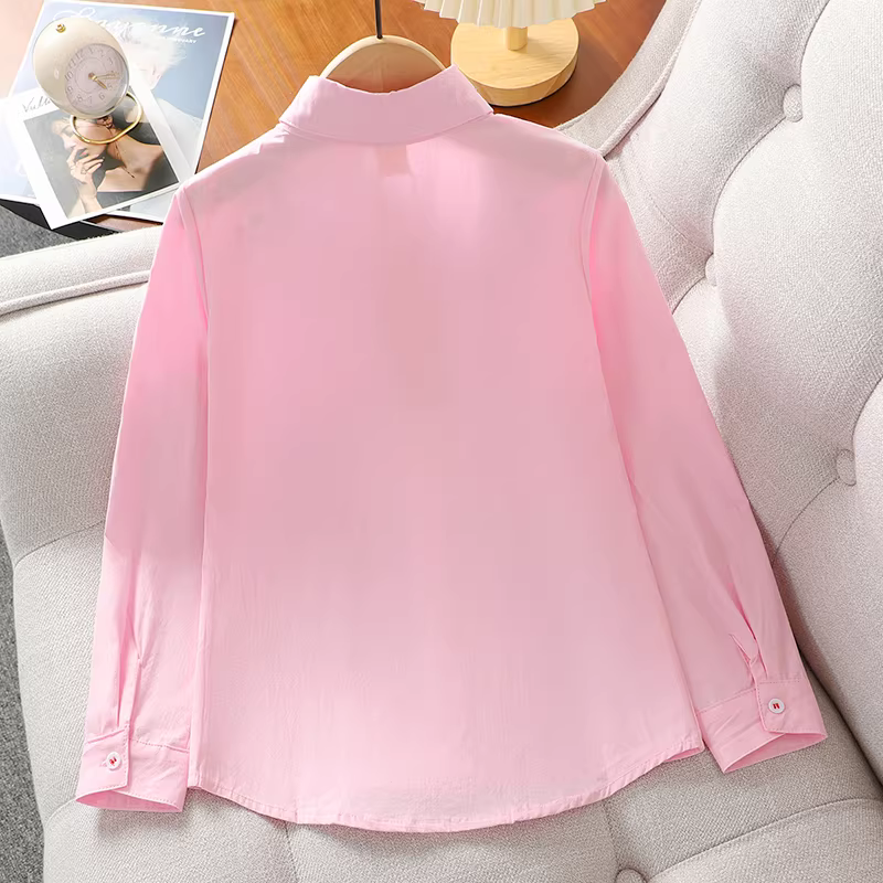 Áo sơ mi trắng dài tay bé gái xuân thu 2025 kiểu mới, áo thun thêu thời trang cho bé lớn, áo trẻ em chất liệu cotton nguyên chất