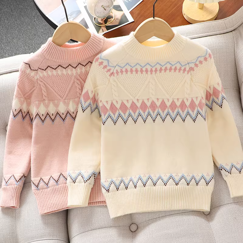 Áo len bé gái thu đông 2025 kiểu dáng mới thời trang, áo lót dày dặn lót lông cừu cho bé gái lớn, áo mùa đông