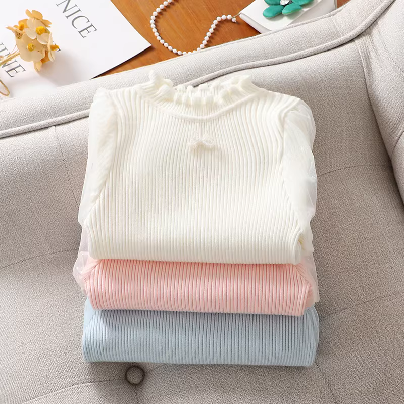 Áo len cổ lọ nửa cao mùa thu đông cho bé gái, áo thun dệt kim lót lông cừu mới năm 2025 dành cho bé gái lớn, quần áo len mùa đông cho trẻ em