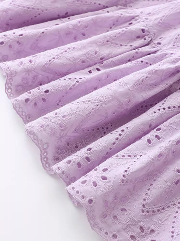 Váy ren bé gái hè 2025 kiểu mới, váy công chúa thời trang trẻ em màu tím, kiểu khoét lỗ, váy hè cho bé lớn