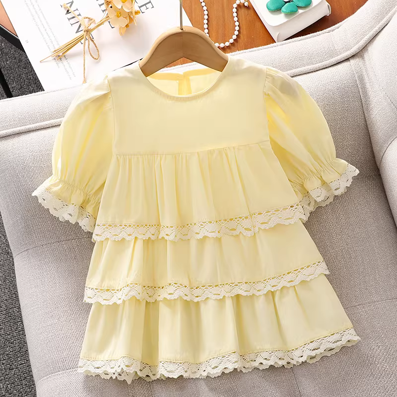 Váy bé gái kiểu Pháp tay ngắn, bộ váy bé gái thời trang, bộ váy hai mảnh mùa hè cho trẻ em