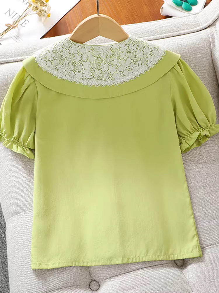 Áo sơ mi ngắn tay mùa hè 2025 kiểu mới cho bé gái, áo voan cổ búp bê, áo kiểu cách tay bồng cho bé lớn