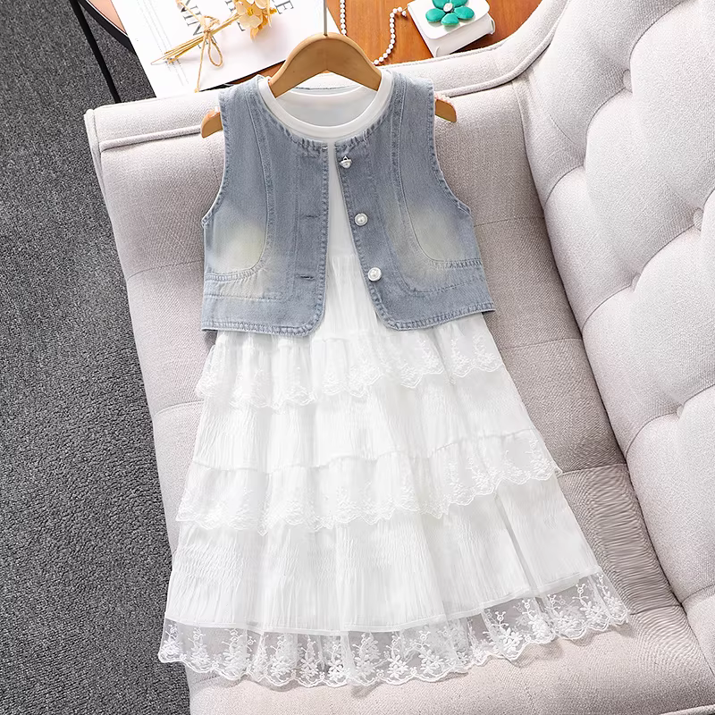 Váy liền thân bé gái hè 2025 kiểu mới, áo vest denim bé gái, váy bánh bèo, trang phục hè, váy trắng trẻ em