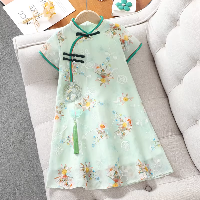 Váy bé gái 2025 kiểu hè mới dành cho bé gái lớn, kiểu sườn xám Trung Hoa, phong cách Trung Hoa mới, váy mỏng cổ điển cho bé gái