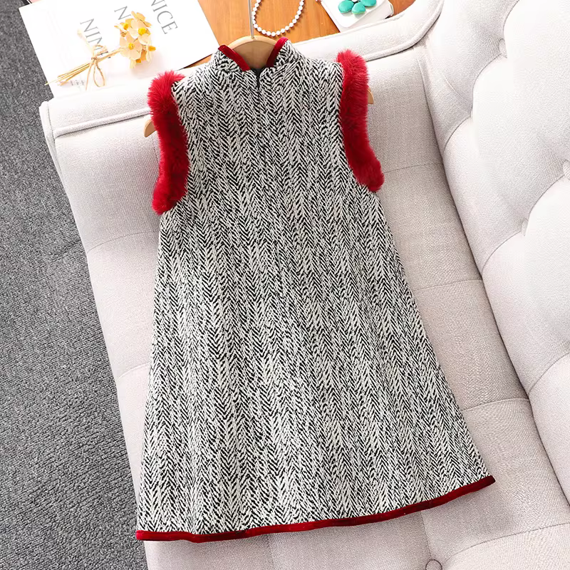 Váy trang phục Tết mùa đông cho bé gái 2025, bộ đồ Tết trẻ em, váy mùa thu đông, áo dài Tết cho bé gái