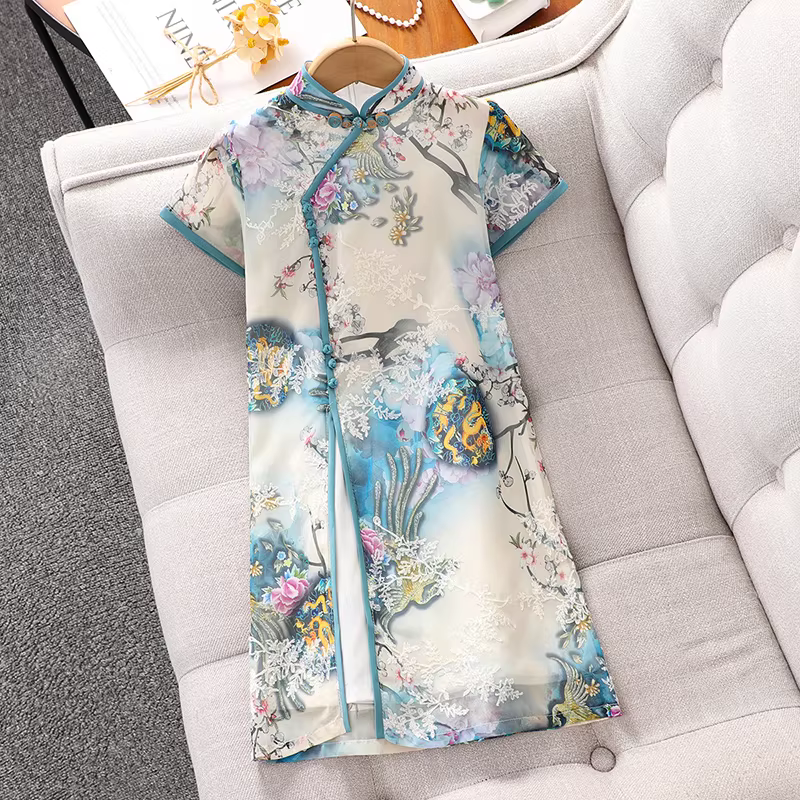 Váy sườn xám cải tiến cho bé gái mặc mùa hè 2025 phong cách mới Váy voan mỏng kiểu Trung Quốc cho bé gái Váy voan trẻ em