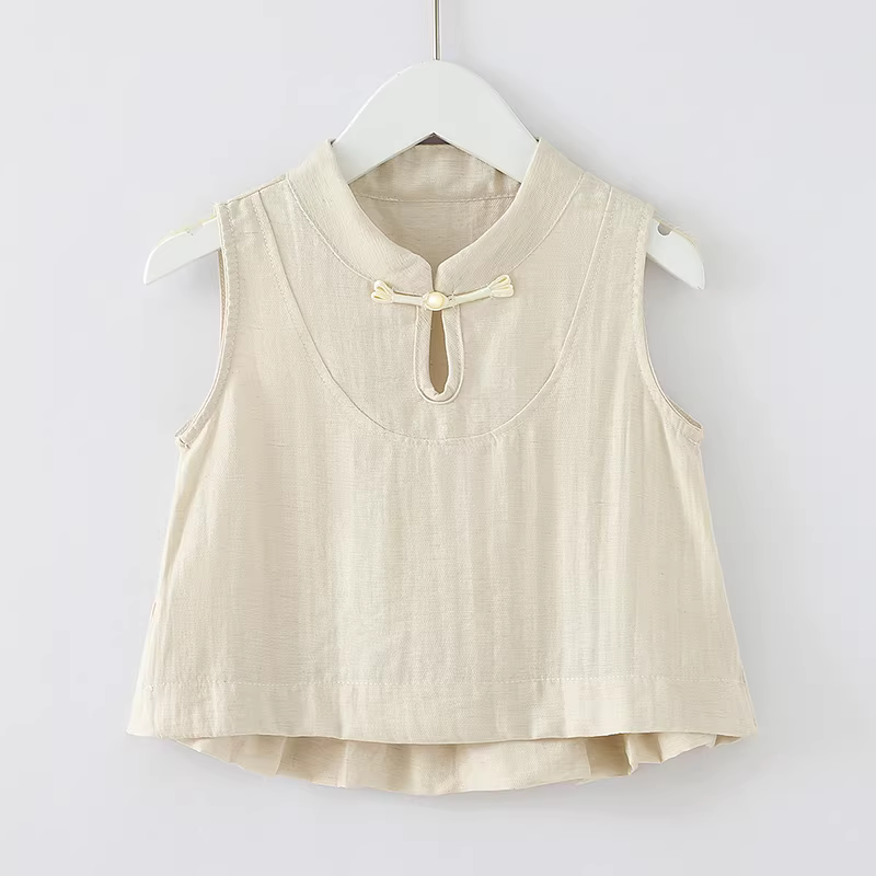 Bộ trang phục mùa hè kiểu Trung Quốc mới năm 2025 dành cho bé gái, mẫu mới, váy không tay mùa hè với quần ống rộng xếp ly dành cho bé gái lớn hơn