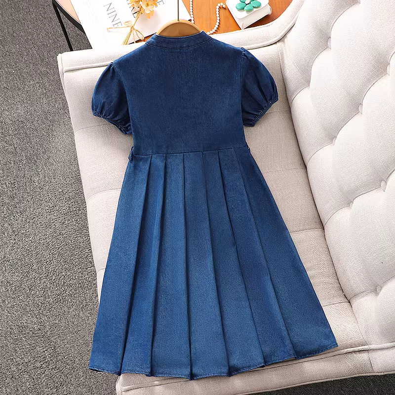 Váy denim ngắn tay thời trang cho bé gái, đầm hè 2025, kiểu dáng trẻ em, eo thon, váy thường ngày, đầm hè