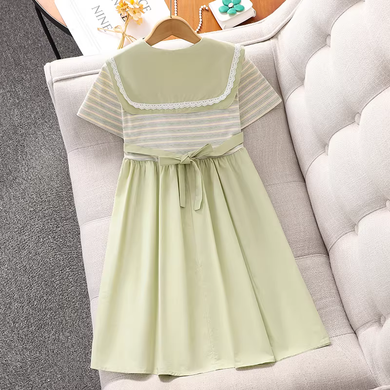 Váy hè bé gái 2025 kiểu preppy mới, váy công chúa, trang phục hè, váy bé gái cổ thủy thủ kẻ sọc