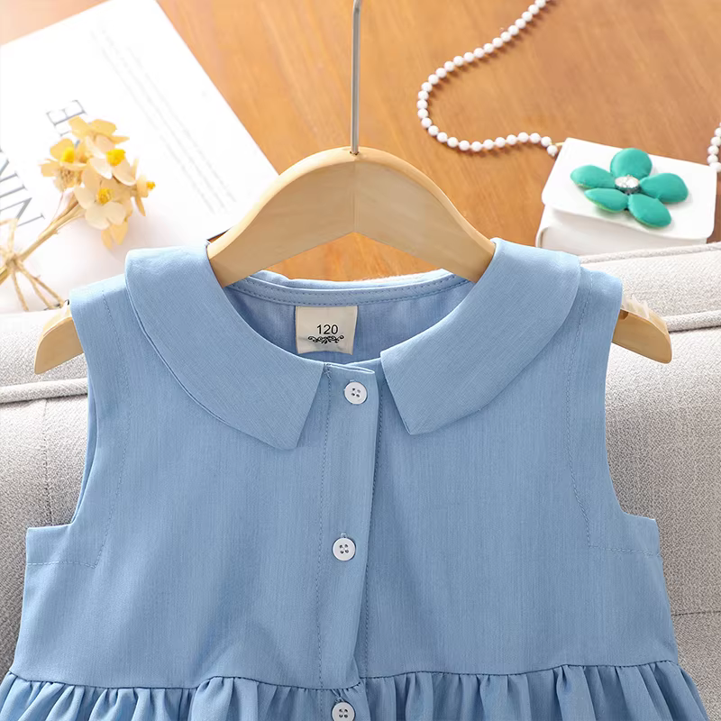 Váy hè bé gái 2025 kiểu mới, váy yếm xanh không tay, váy công chúa mỏng mùa hè cho bé