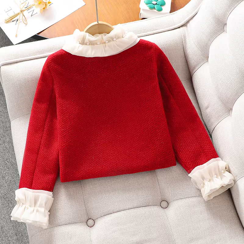 Váy bé gái thu đông 2025 kiểu mới phong cách Chanel nhỏ nhắn, đầm đỏ trẻ em, trang phục Tết, váy lễ hội