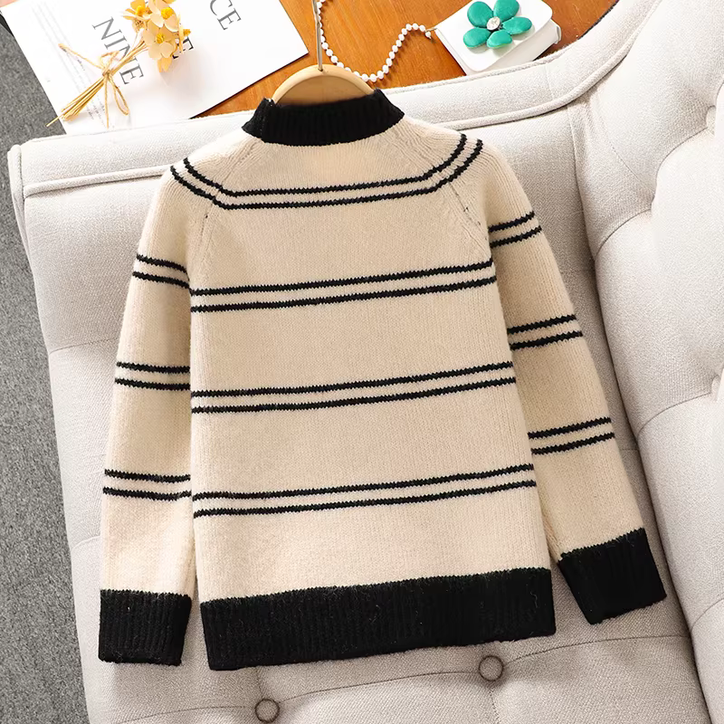 Áo thun kẻ sọc mùa đông cho bé gái, mẫu mới 2025 dày dặn ấm áp phong cách Hàn Quốc, áo len trẻ em thu đông