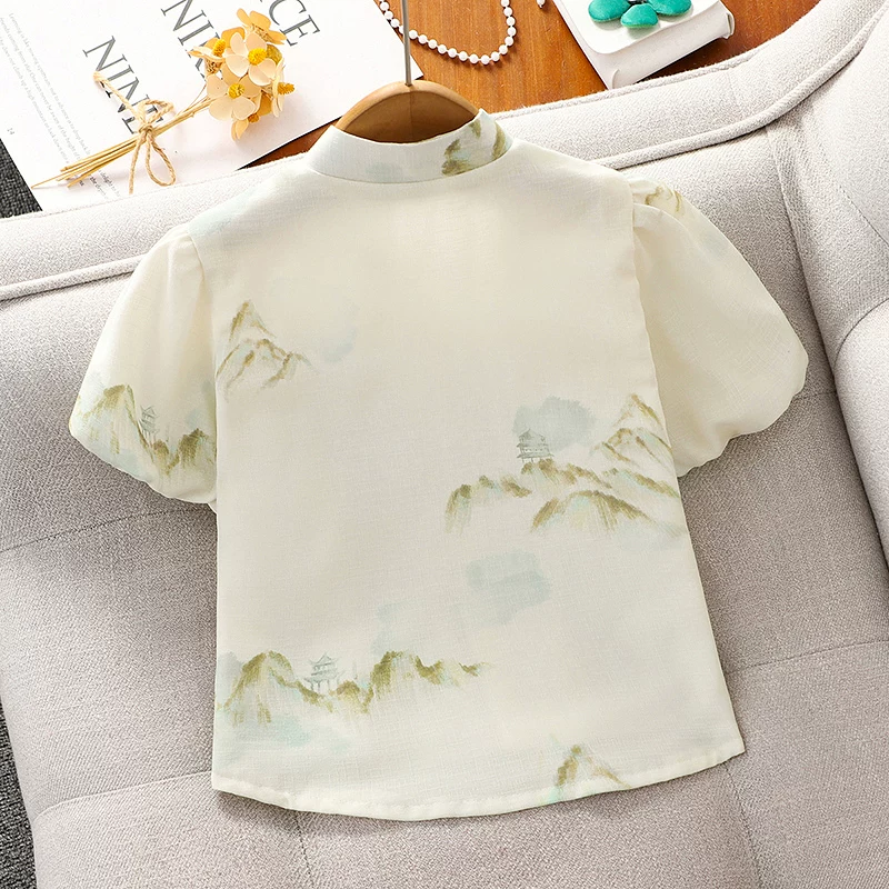 Bộ đồ Hanfu kiểu Trung Quốc dành cho bé gái mùa hè 2025, kiểu mới, váy ngắn tay phong cách Trung Hoa, bộ hai mảnh mùa hè cho bé gái