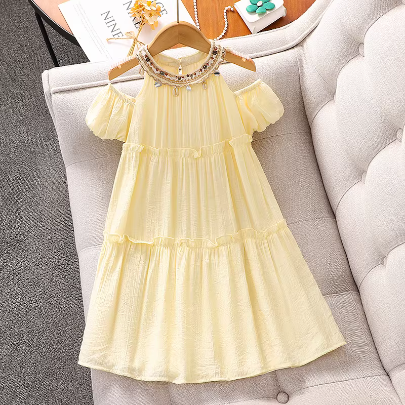Váy trễ vai mùa hè kiểu mới 2025 cho bé gái, váy dạo phố thường ngày, váy voan đi biển cho trẻ em