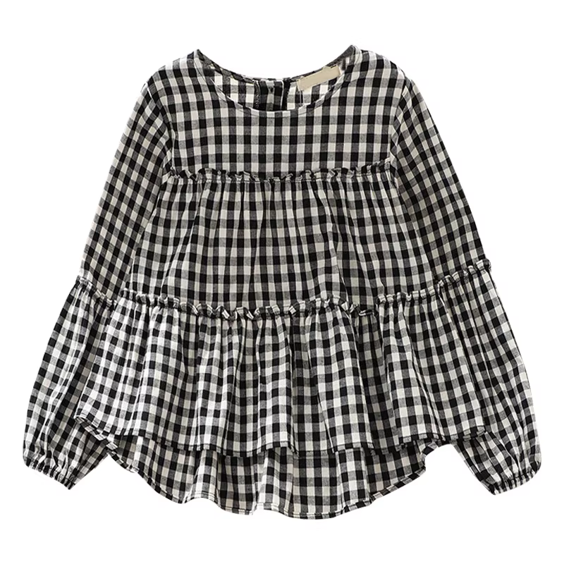 Áo sơ mi bé gái xuân thu 2025 kiểu dáng mới thời trang áo sơ mi dài tay kiểu búp bê cho trẻ lớn áo sơ mi kẻ ca rô mặc mùa thu