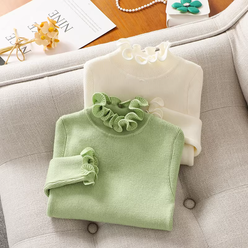 Áo len dệt kim bé gái thu đông 2025 kiểu mới, áo lót giữ ấm bé gái, áo len bó sát xếp ly