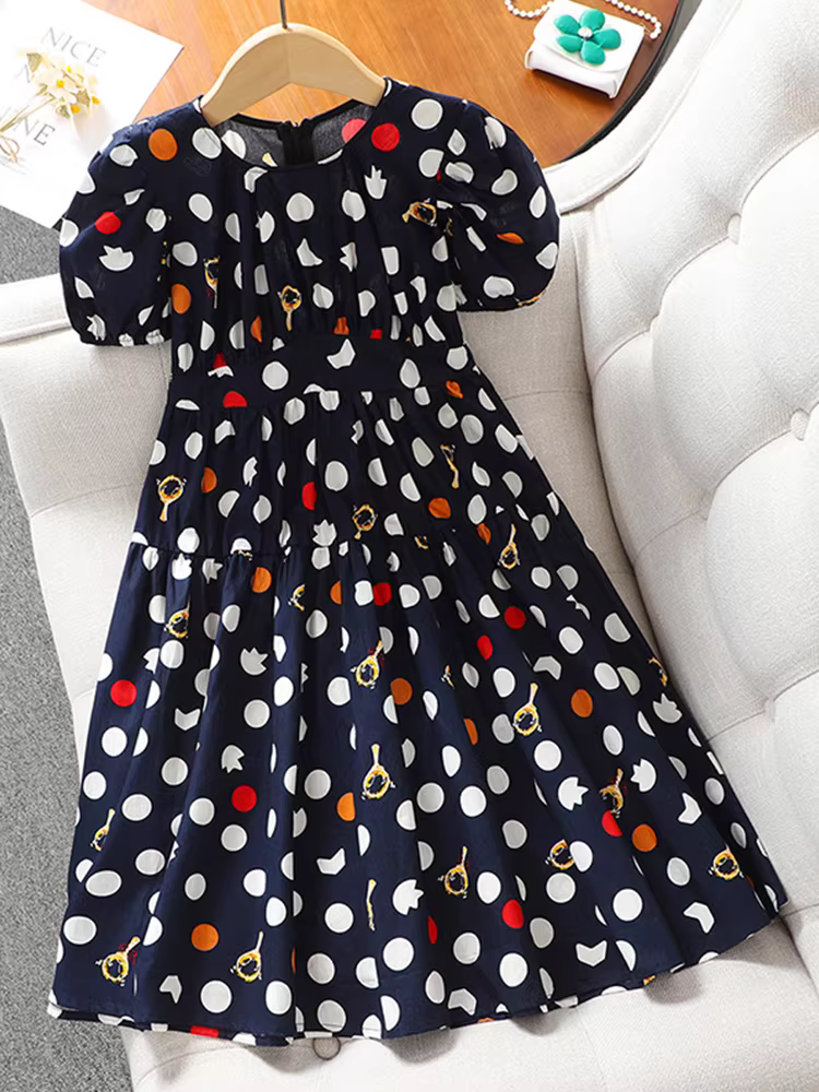 Váy bé gái mùa hè mới phong cách Hàn Quốc váy dài chấm bi trẻ em tay phồng váy công chúa cotton nguyên chất cho trẻ em lớn