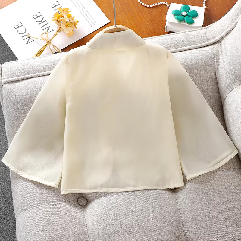 Bộ Hanfu hai mảnh cho bé gái, kiểu mới 2025 dành cho bé gái lớn hơn, áo cardigan và váy thêu phong cách Trung Hoa, bộ mỏng mùa hè