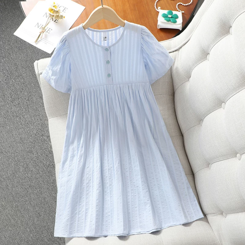 Váy mùa hè cho bé gái, phong cách Nhật Bản, dáng rộng, váy cotton nguyên chất sọc trẻ em, cổ ren dài đến đầu gối màu xanh, váy dài cho bé gái lớn