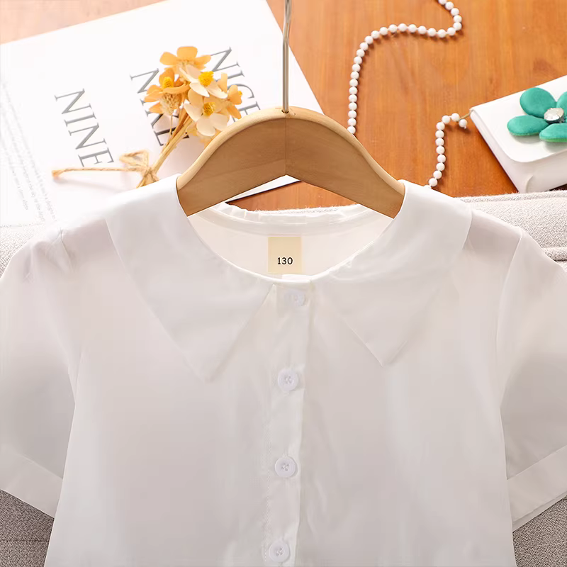 Váy trắng bé gái mùa hè kiểu mới, váy cổ POLO trẻ em kiểu dáng mỏng, váy công chúa xếp ly mùa hè cho bé gái lớn