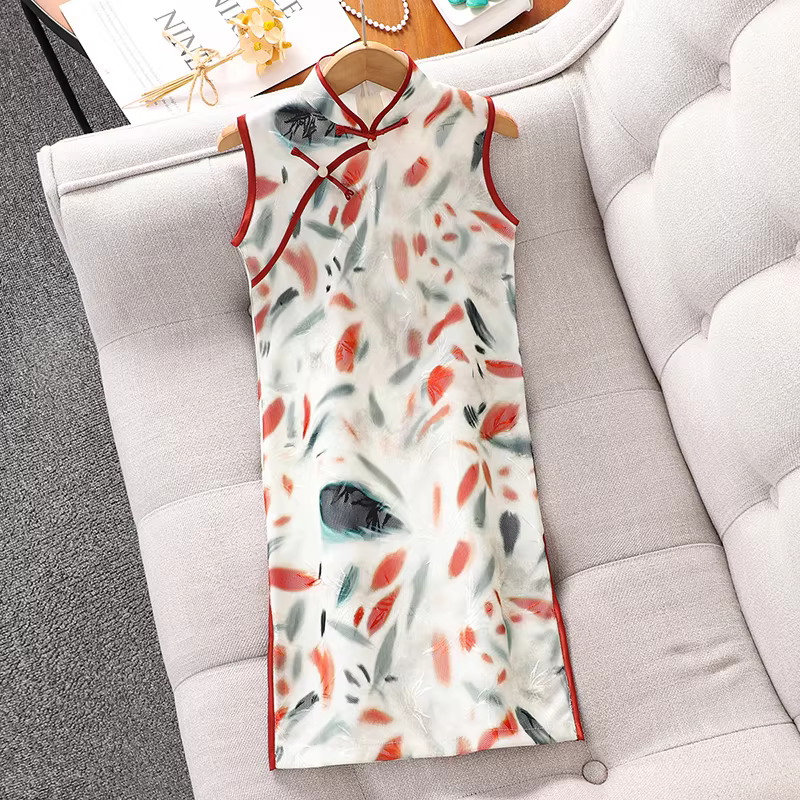 Váy sườn xám cải tiến cho bé gái, bộ đồ kiểu Trung Hoa cho bé gái lớn, váy Hanfu mới cho trẻ em mùa hè 2025