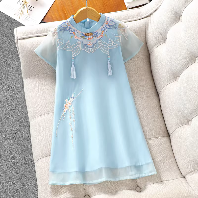 Váy Hanfu cho bé gái 2025, mẫu mới hè, kiểu sườn xám trẻ em, váy công chúa thời trang, váy voan phong cách Trung Hoa cho bé gái