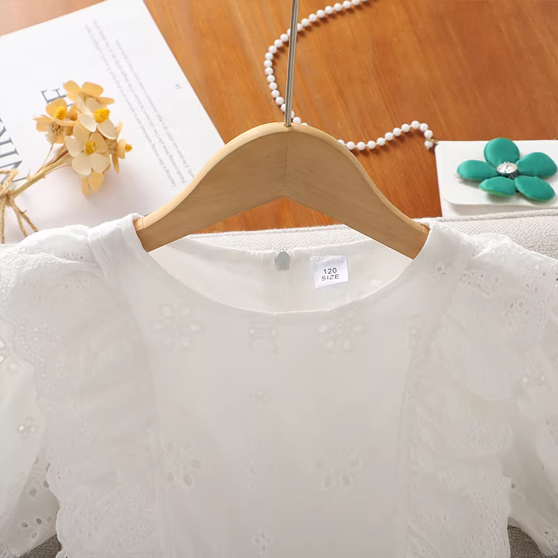 Váy trắng mùa hè cho bé gái 2025 kiểu mới dành cho bé gái lớn, váy công chúa ren rỗng, váy dài mỏng mùa hè