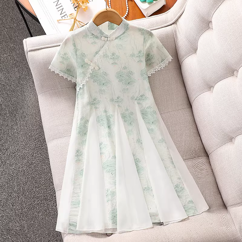Váy sườn xám kiểu Trung Hoa dành cho bé gái mùa hè kiểu mới 2025 quần áo bé gái váy cổ tích lưới kiểu Trung Hoa mới