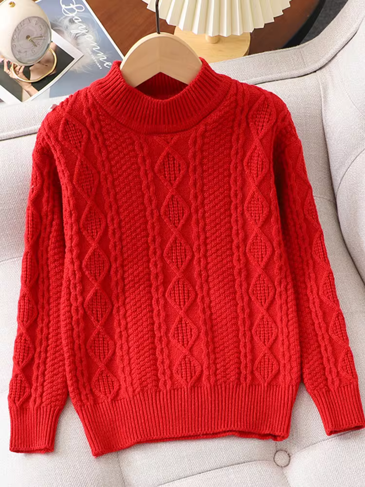 Áo len đỏ có lớp lót lông cừu dày dặn cho bé gái, mùa đông 2025, áo len đan kiểu mới thời trang cho bé gái lớn hơn.