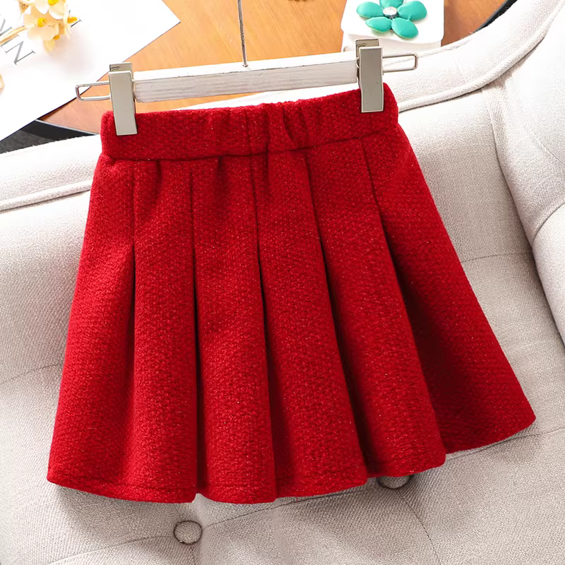 Váy bé gái thu đông 2025 kiểu mới phong cách Chanel nhỏ nhắn, đầm đỏ trẻ em, trang phục Tết, váy lễ hội