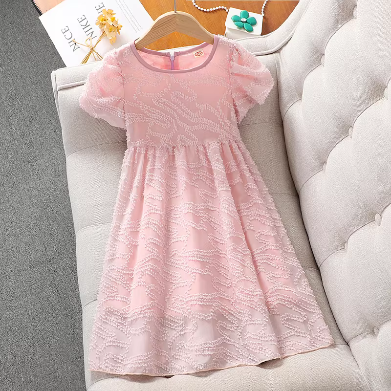 Váy jacquard bé gái, váy hè 2025, váy trẻ em dễ thương phong cách Hàn Quốc, váy công chúa màu hồng