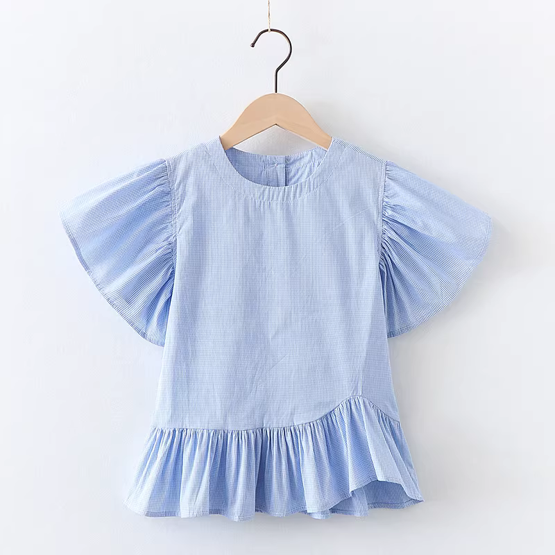 Áo thun cotton nguyên chất cho bé gái, kiểu mới hè 2025, áo thun sọc ngắn tay trẻ em, áo thun bèo nhún cho bé gái 9 tuổi