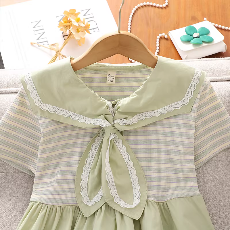 Váy hè bé gái 2025 kiểu preppy mới, váy công chúa, trang phục hè, váy bé gái cổ thủy thủ kẻ sọc