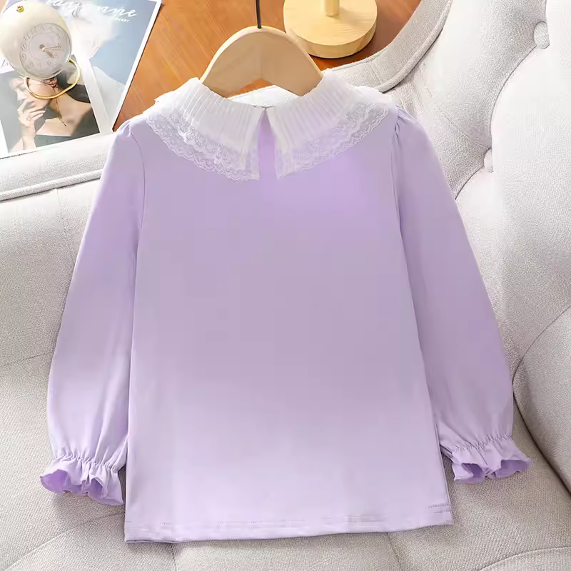 Áo thun dài tay cho bé gái, chất liệu cotton nguyên chất, quần áo trẻ em thời trang xuân thu, áo sơ mi có cổ, trang phục mùa xuân, áo polo cổ búp bê cho trẻ em.