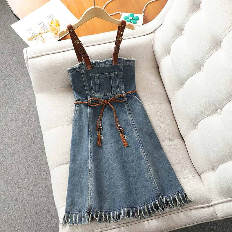 Váy denim nữ, trang phục mùa hè thời trang, quần áo trẻ em mới năm 2025, váy yếm, đầm yếm mùa hè cho bé gái