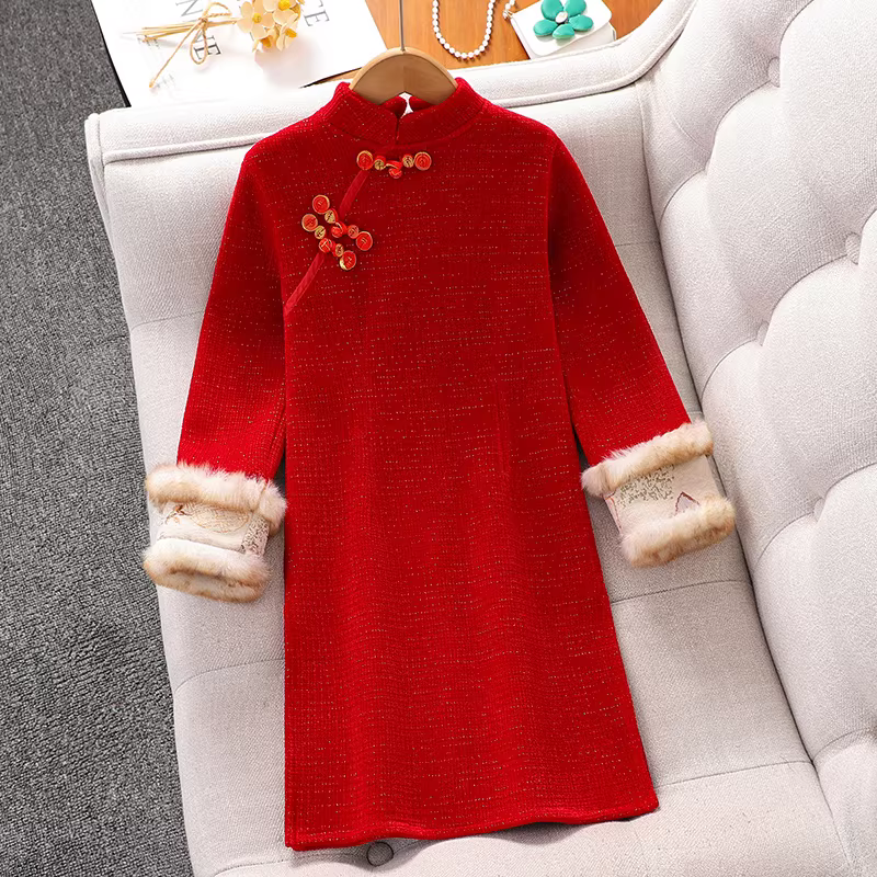 Váy Hanfu cho bé gái Quần áo mùa đông Quần áo năm mới 2025 Quần áo năm mới cho bé gái Sườn xám năm mới Trang phục chào mừng năm mới Váy thu đông cho trẻ em