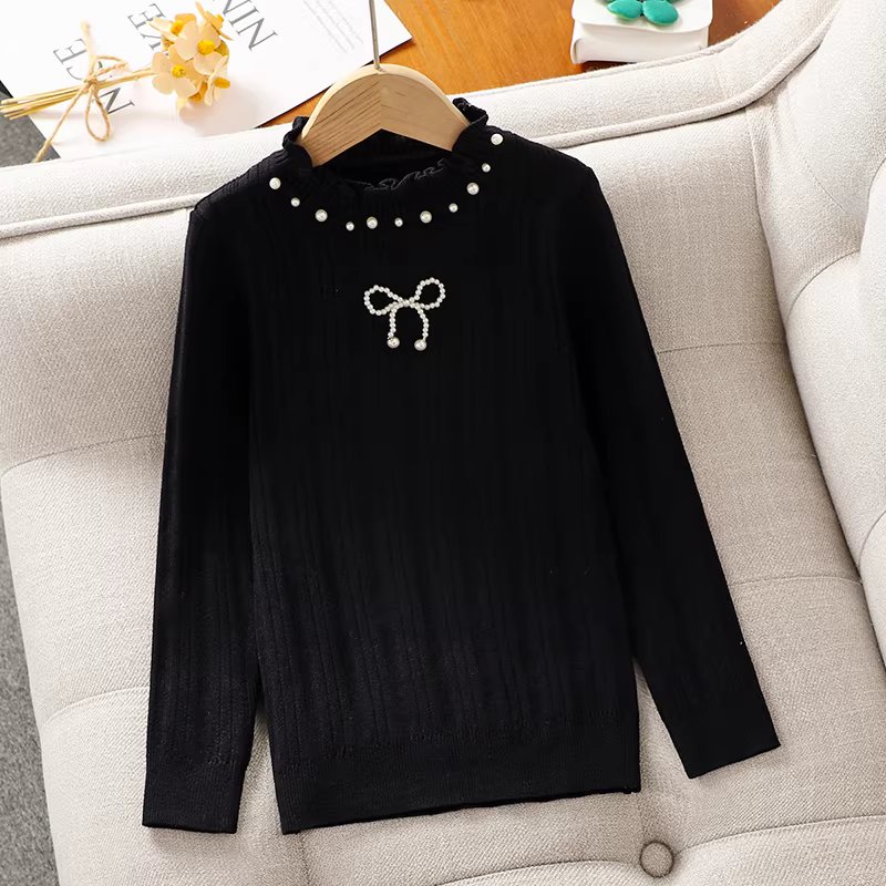 Áo len bé gái thu đông 2025, áo lót lông cừu trẻ em kiểu mới, áo len cổ lọ bèo nhún nửa cao, quần áo mùa đông